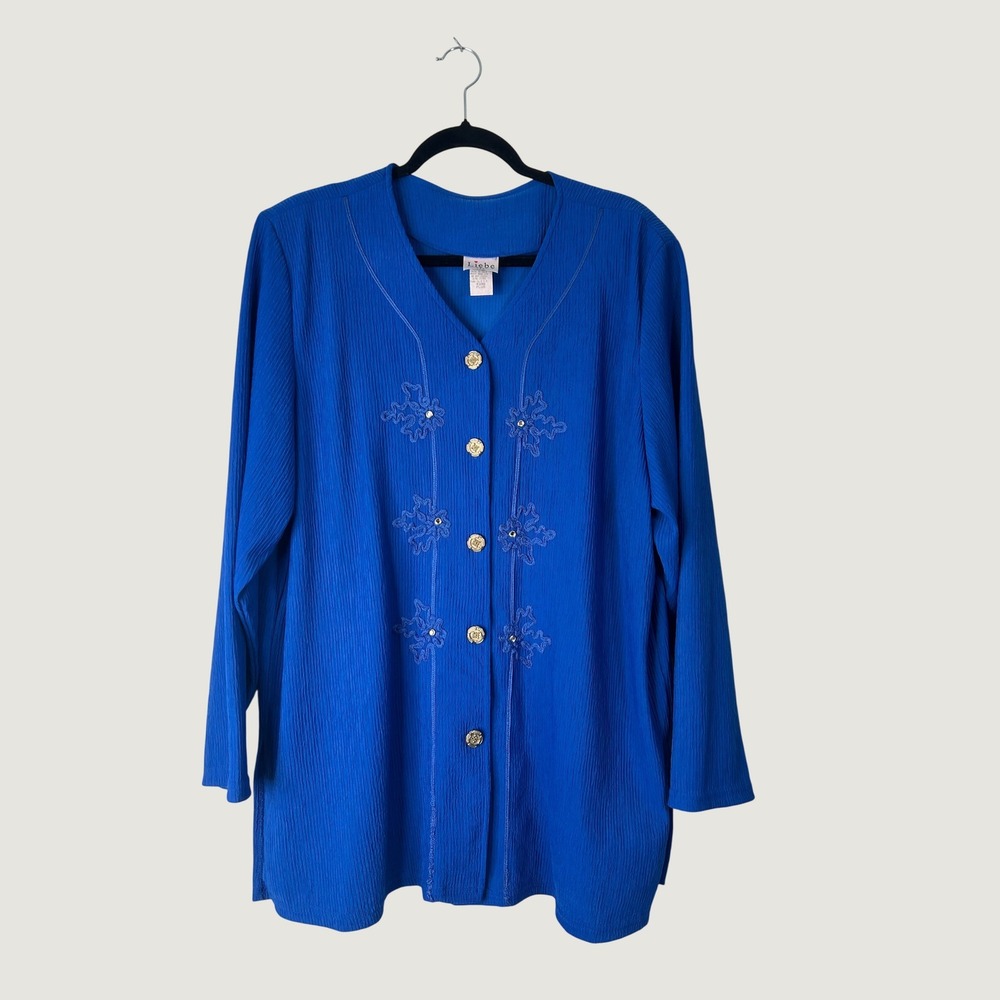 Liebe Button Up Blouse Womens Plus Blue Embroidered Crinkle Rhinestone USA